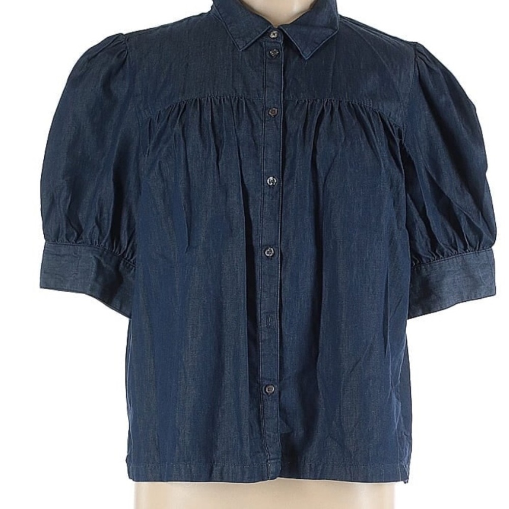 Monoprix Denim Puff Sleeve Blouse Indigo Blue Cotton Button Down Top Size 44